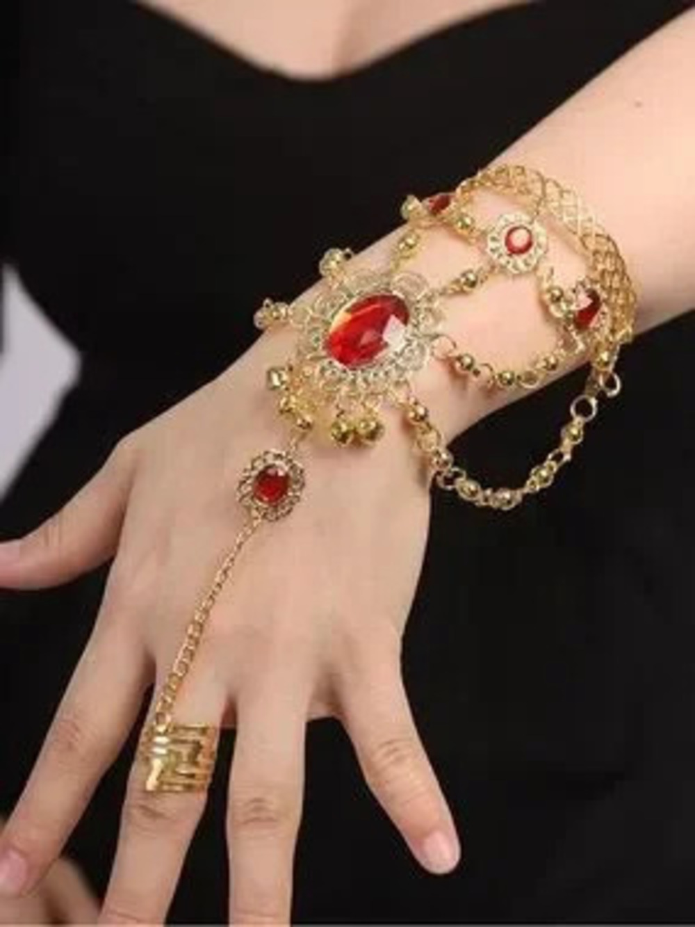 Anthropologie Hand Chain Bracelet with Red Gemstones